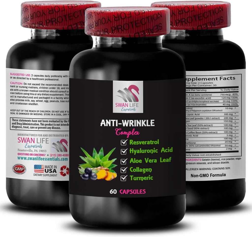 Alpha Lipoic酸支持 - ANTI-WRINKLE COMPLEX - Aloe Vera叶福利,Collagen Boost,绿茶叶提取,葡萄种子动力,绿咖啡豆福利,Hyaluronic酸 1瓶60盖