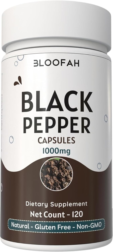 Black Pepper Capsules 1000mg 粉末 | Piper nigrum | Non-GMO, Gluten-free | 无人工添加 | GMP-认证 | 草药补充 | 传统井(120个计数(1包))