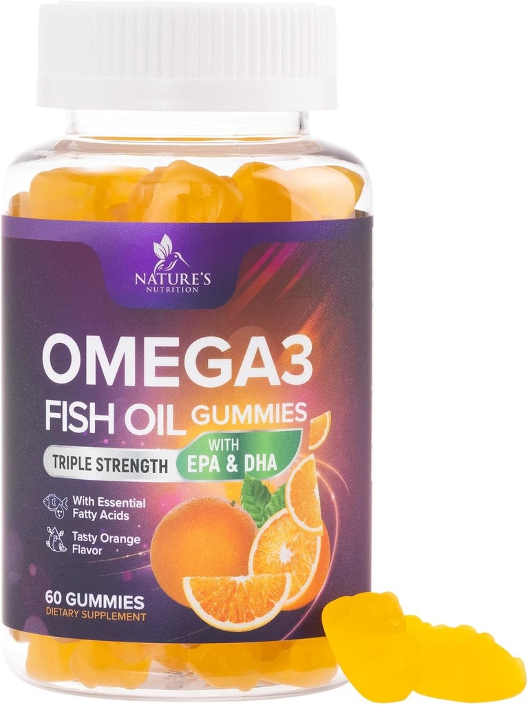 Omega 3 鱼油胶 - 心脏健康支持 Omega 3 Gummy 配给高吸收率的成人与儿童 DHA & EPA 联合和大脑支持 美味的橙香鱼油维生素 60 Gummys