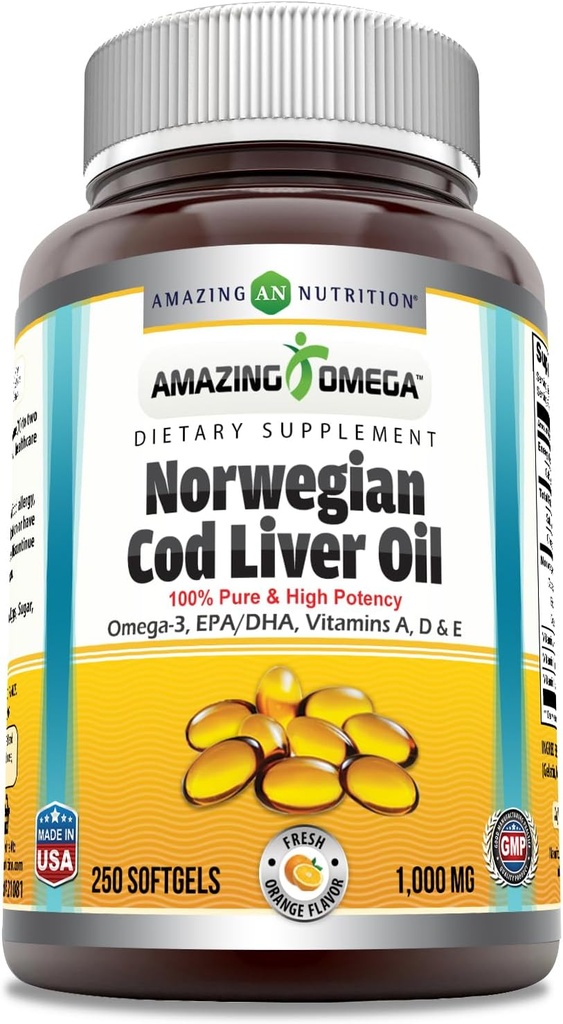 惊人的奥米加挪威鳕鱼肝油1000Mg软胶 Supplement | Omega-3, EPA, DHA, 维生素A, D & Vitamin E (橘子  250 Count)