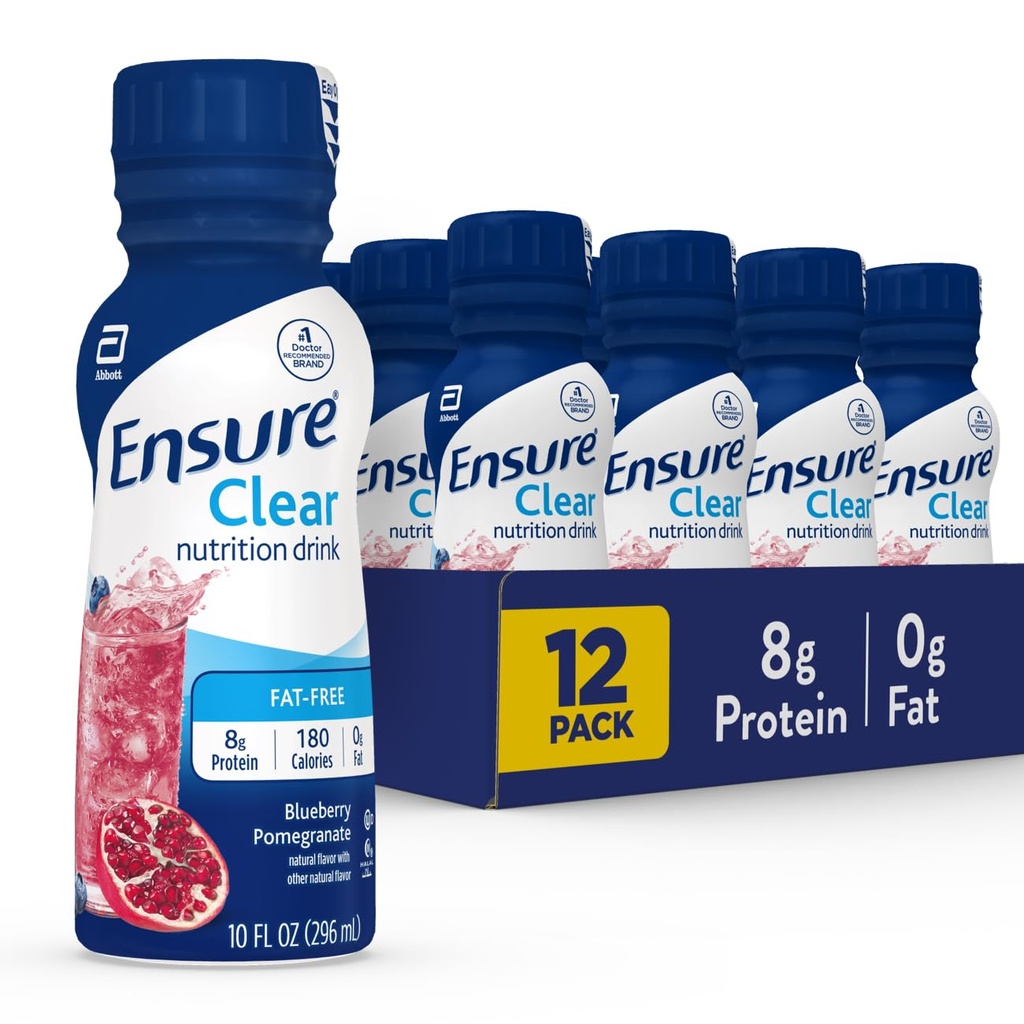 确保液体清营养饮料、0g脂肪、8g蛋白、蓝莓石榴、10 Fl Oz(12袋)、瓶子、无脂