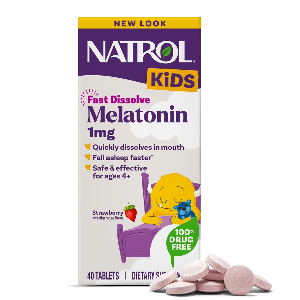 纳特罗尔儿童快速溶解Melatonin 1毫克,休息的饮食补充剂,儿童睡眠药片,40个草莓味的Melatonin药片,40天供应