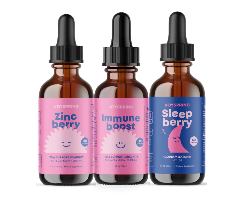JoySpring Zinc 配有儿童维生素C补充剂,Immune Boost 配有支持的免疫系统,Melatonin Drops配有儿童睡眠支持