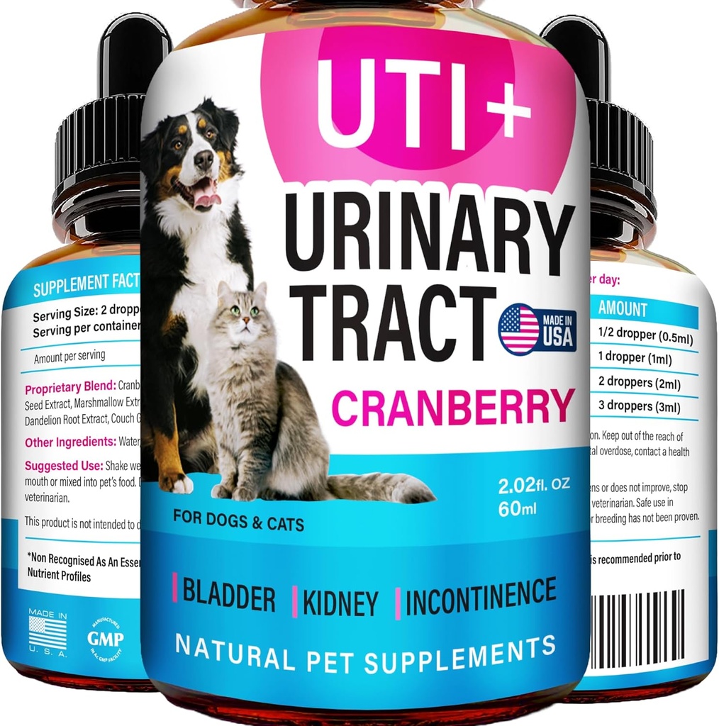 Cat & Dog UTI治疗 - 对宠物的UTI医学和尿道切除感染治疗 - 肾脏支持 - 对狗失禁的Bladder控制 - Cat UTI补救 - Cranberry补充 - 美国制造 - 2fl.oz