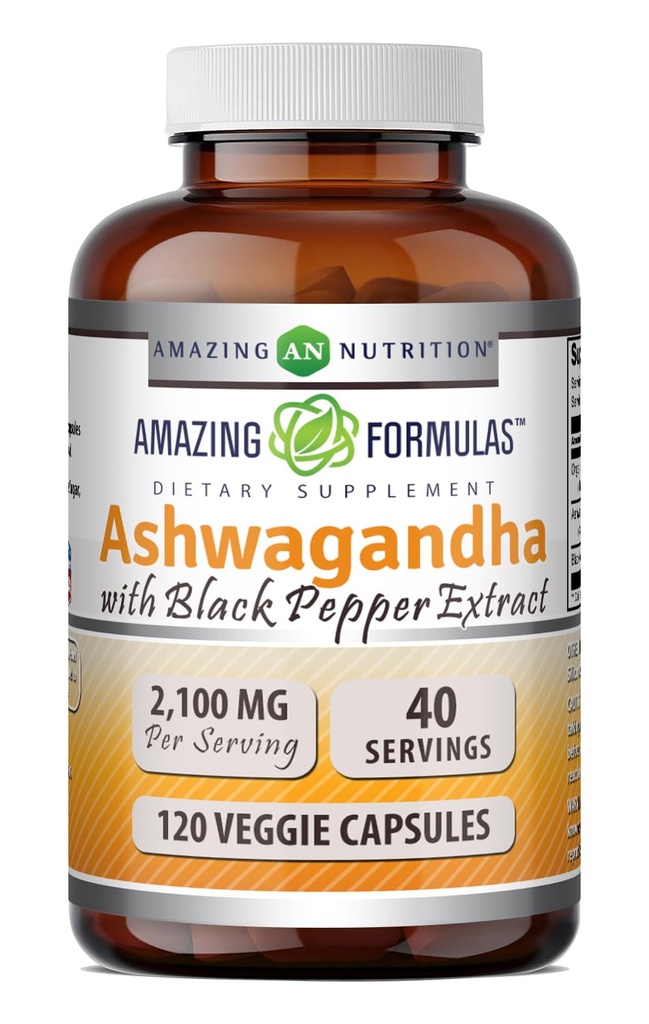 Ashwagandha Root 与黑椒抽取补充 | 2100 Mg Per service | Veggie Capsules 补充 | Non-GMO | Gluten-free | | |  USA  USA  USA  USA  USA  USA  USA  USA  USA  USA  USA (1 Pack, 120 counts)