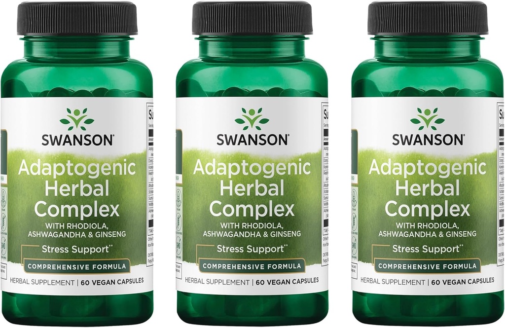 Swanson Rhodiola Ashwagandha Ginseng Complex Mood Energy Immune 函数神经系统应激反应支持适应原草 补充60 Capsules(3包)