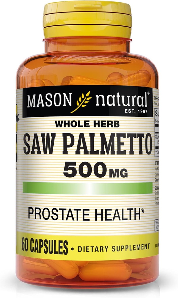 MASON NATURAL Saw Palmetto 500 mg,支持前列腺健康与尿功能,60 capsules