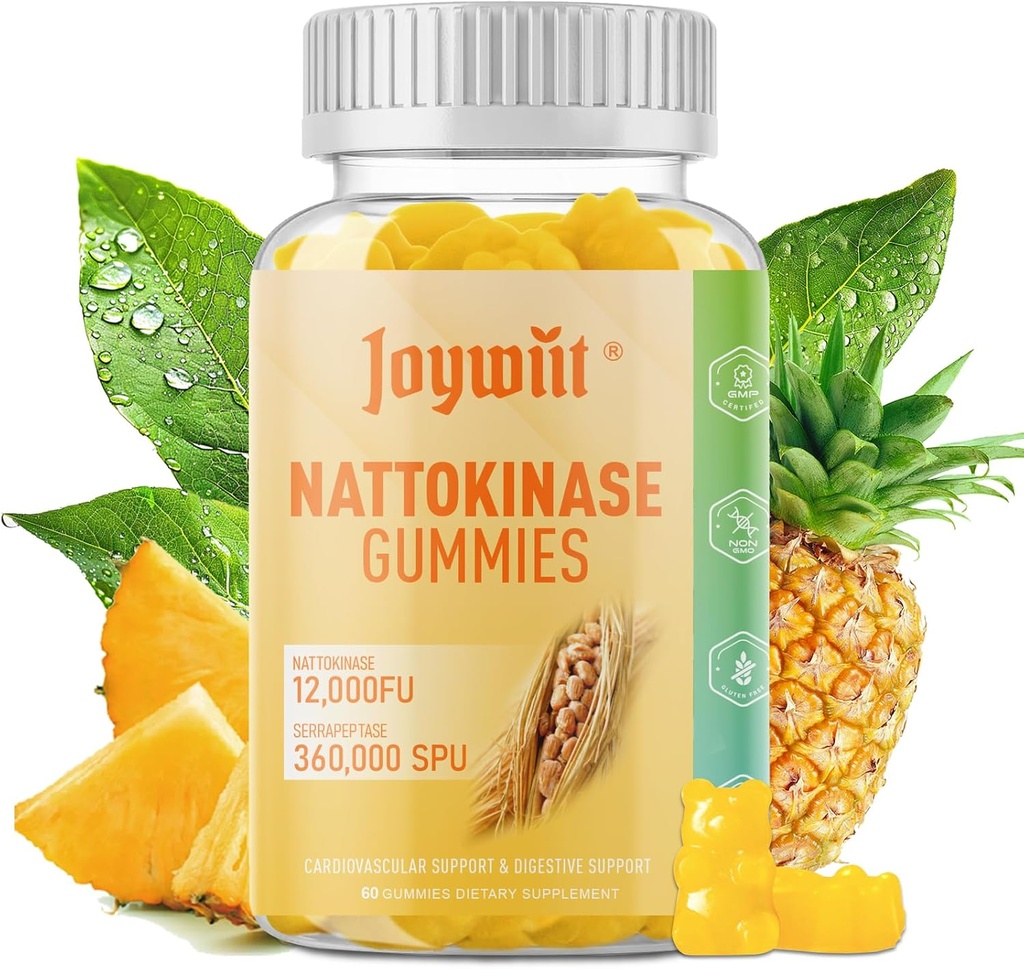 Nattokinase Gummys 12,000 FU, Serrapeptase Gummys 360000 SPU Enzyme 补充 Bromelain Papain & Inulin 用于循环, Gut, 文摘支持, Vegan, 非 GMO, 60 个伯爵