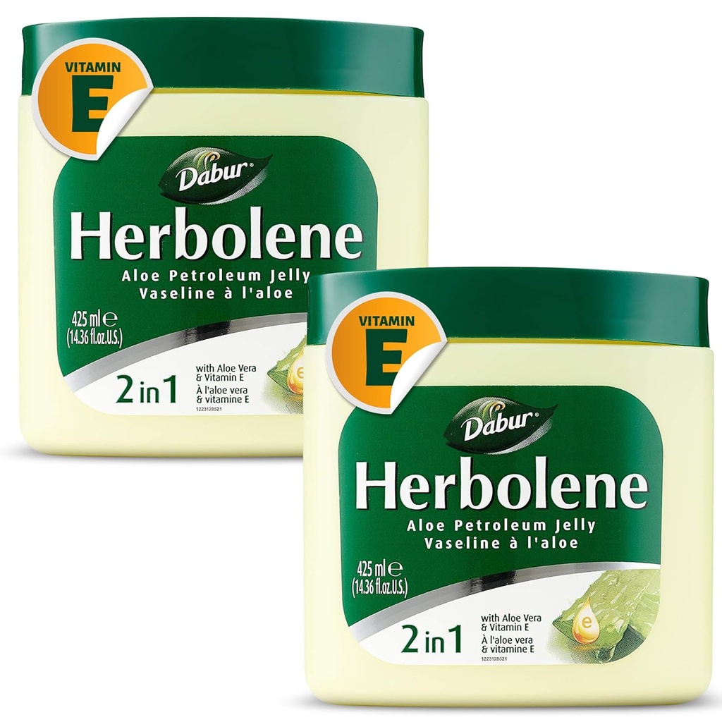 Dabur Herbolene Aloe Vera Gel Petroleum Jelly - 强化维生素E用于深层和强化皮肤摩擦 - 敏感皮肤上的温柔 - 喷出血脂和耐久水分 - 425 ML(2包)