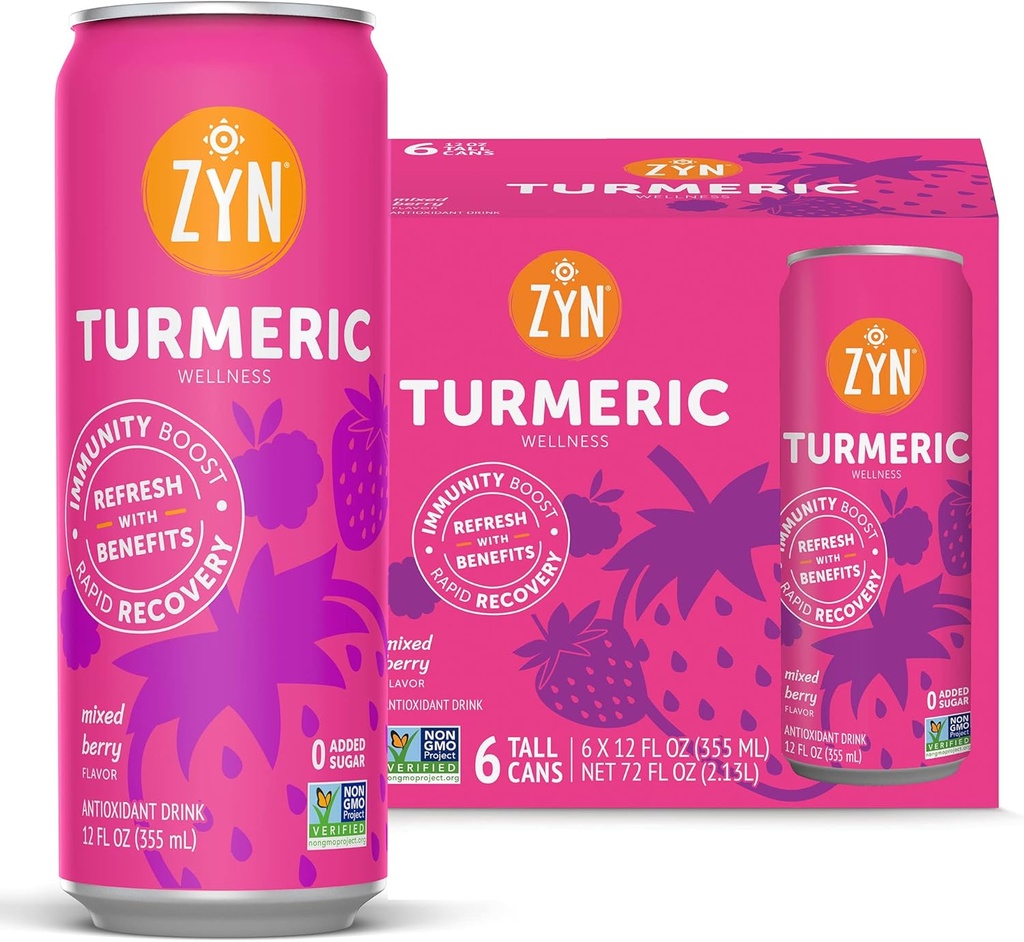 ZYN Turmeric Wellness Drink 6 (Pack), 混合莓脆度 Turmeric Curcumin 与黑辣椒饮料, 无添加糖, 低卡布和低卡罗里饮料, 清洁替代品