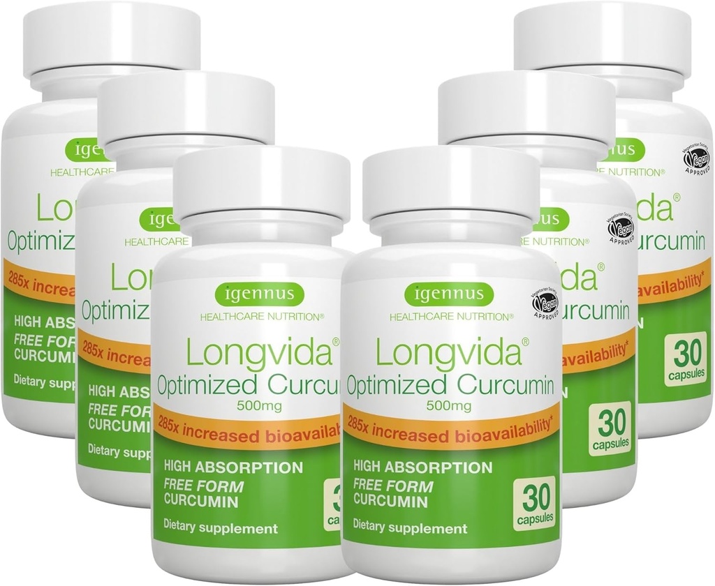 Igennus Longvida Lipided Curcumin 500mg, 超生物可用性和持续行动, 65x高等离子体水平, 强化支持, Free-Form Curcumin, Vegan, 180 Capsules