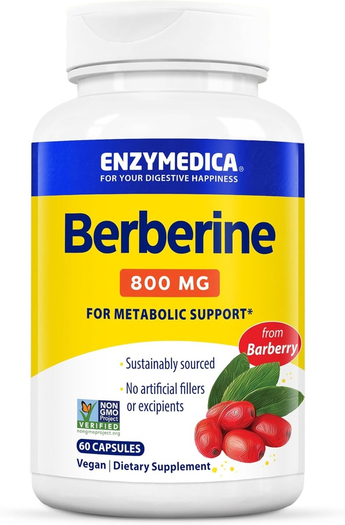 Enzymedica Berberine 800 mg – Vegan Capsules for Metabolic Supports – 来自可持续来源的 Barberry – 非GMO,无胶囊,无填充剂或吸食剂 – 60 Capsules