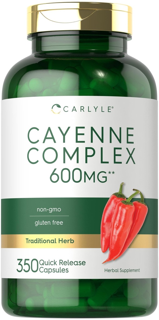 Carlyle Cayenne Pepper Capsules 600mg → 350 Pills → Non-GMO, Gluten免费补编