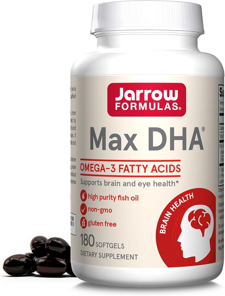 Jarrow公式 MaxDHA - 180 Softgels - 高纯度鱼油 - 补充支持脑和眼健康 - 专注于Omega-3脂肪酸和富含DHA - 90种服务