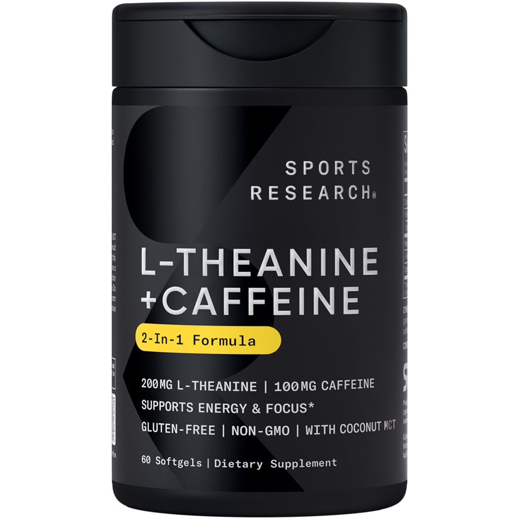 体育研究 L-Thenine 配有咖啡因和椰子MCT Oil - 聚焦能源,警示和放松而不沉迷 - 200mg L Theanine,100mg有机咖啡因 - 60 液态软胶