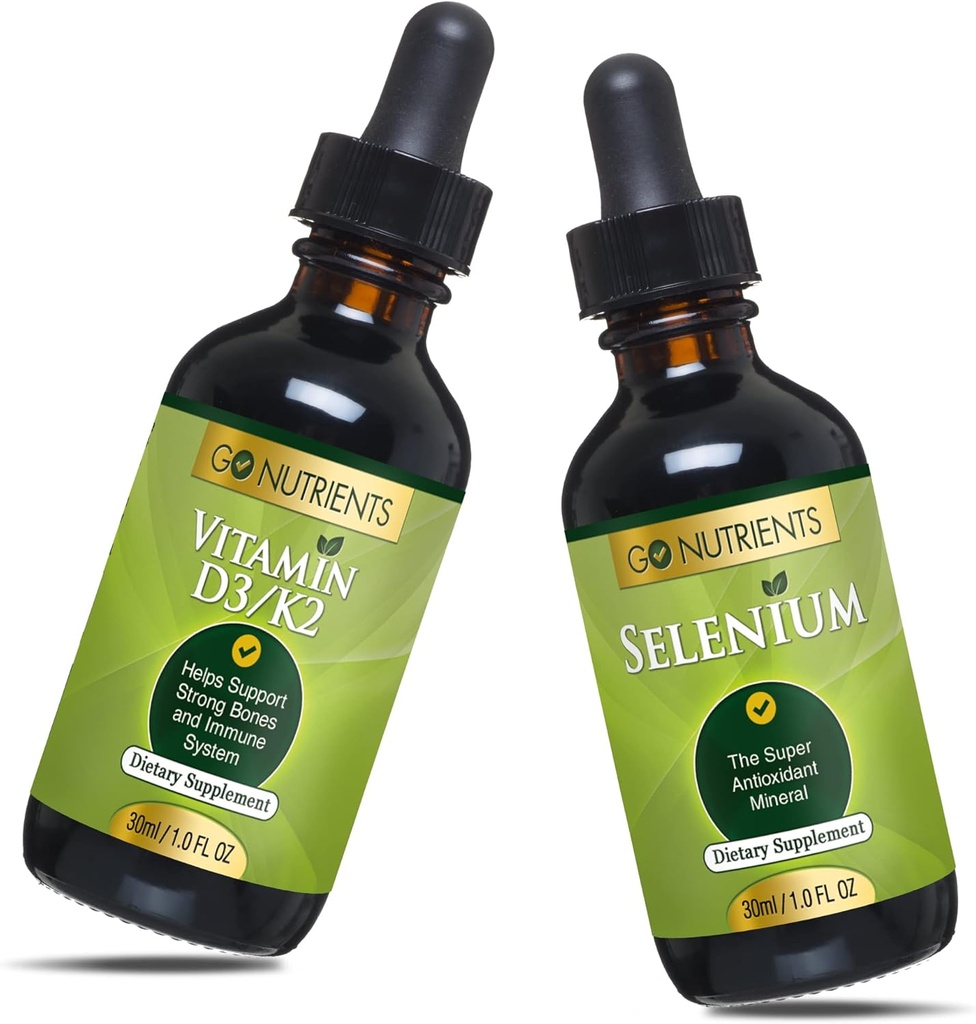 Go Nutrients Liquid Vitamin D3 with K2 (MK-7) Drops 1oz & Selenium 200 mcg Supplement 1.0 oz| | Vitamin D3 and K2 | Supplements with Mineral Selenium Liquid and Purified Water