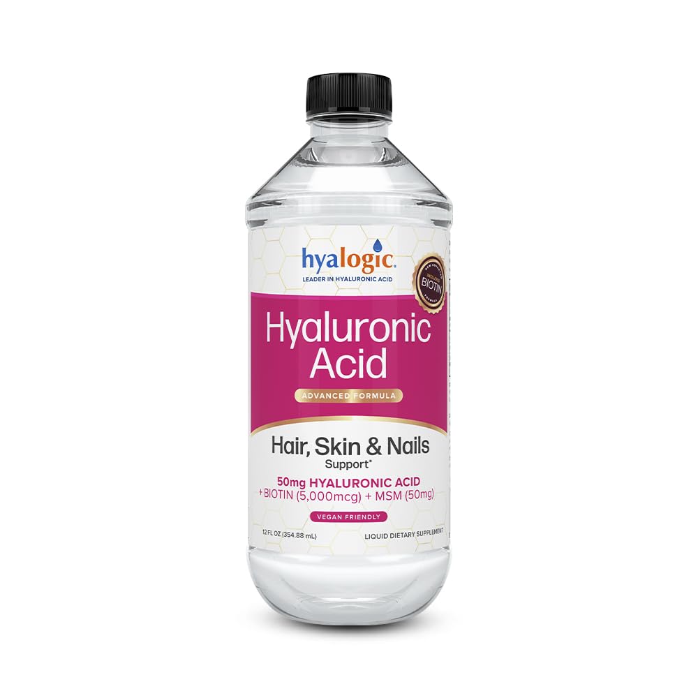 Hyalogic Liquid Hyaluronic Acid 补充 - 支持健康头发,皮肤和钉子,配有5,000 mcg Biotin和50mg MSM - 全体自然水分 - 高分子重量公式 - 12 oz