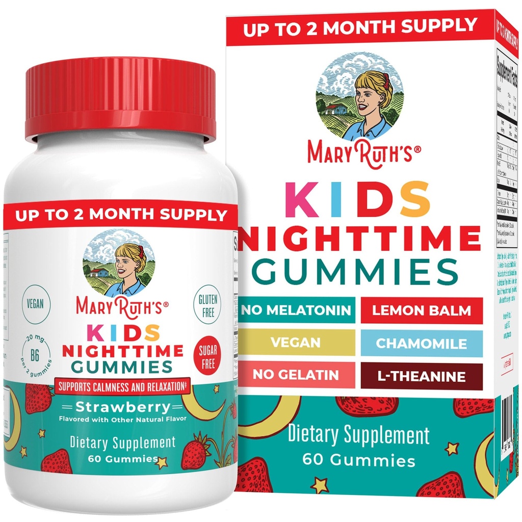 MaryRuth Organizations Kids Nighttime Gummys ##糖自由 #NO Melatonin with L Theanine, Lemon Balm, Chamomile, Vitamin B6 ## 给孩子的放松支持 2+ ####Vegan ###N-GMO ####Gluten Fre ##60 Counter