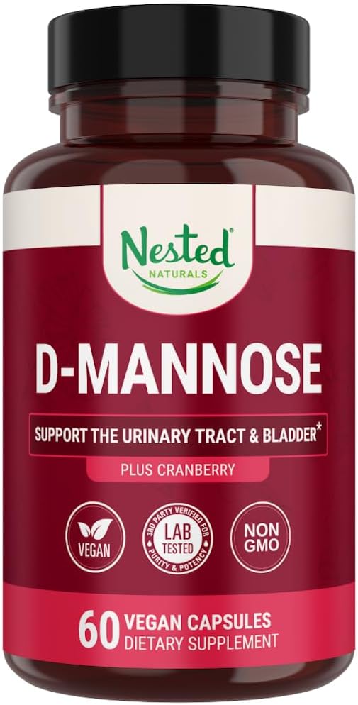 配有 Cranberry 提取器的 Nested Naturals D-Mannose 500mg Caspules, D Mannose Cranberry 药丸, Urinary & Bladder 支持, 60 Vegan Capsules