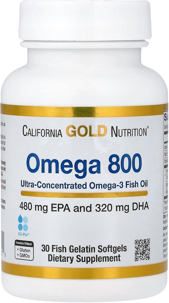 加利福尼亚金营养 Omega 800 超浓缩Omega-3 鱼油,kd-pur® Triglyceride Form, 30 鱼 Gelatin软胶(每软胶1,000毫克)