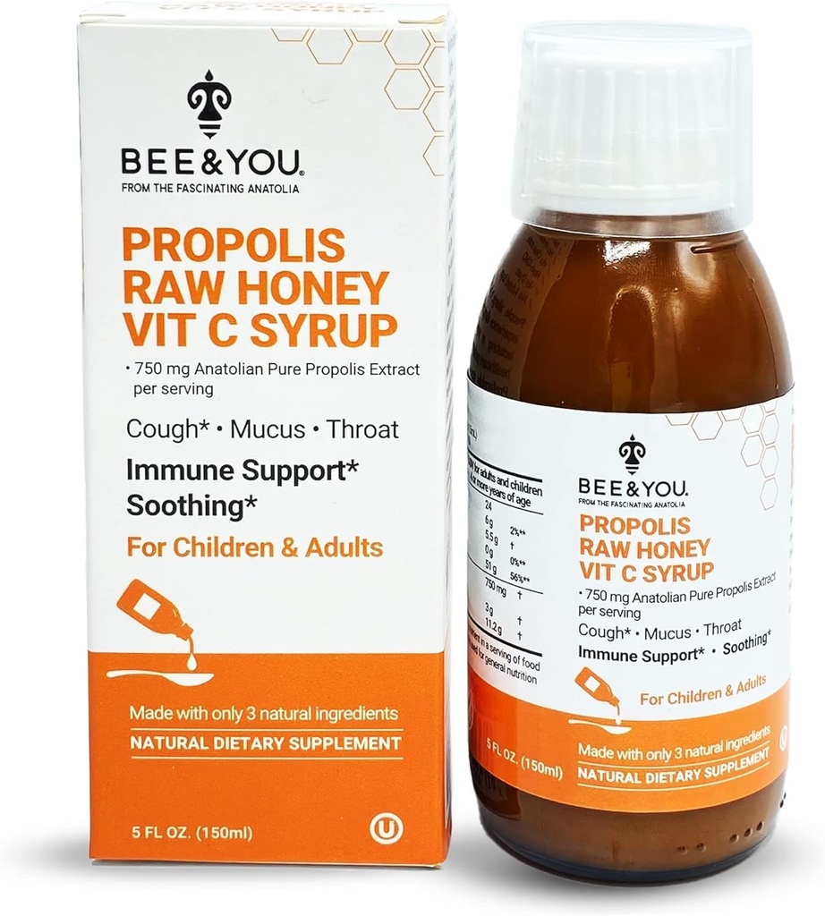 BEE 和 You Propolis 提取 Cough Syrup w/维生素C, 舒舒蜜,天然免疫支持, 舒舒喉剂,抗氧化剂, 儿童与成年人, 5 Fl Oz, 男女