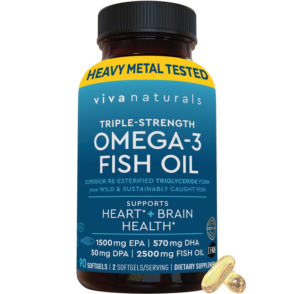 Viva Naturals Triple Strige Omega 3 Fish Olega Pills – 2500 mg Hig-Potentions 配有2250 mg Omega 3脂肪酸(包括美国环保局,DHA,DA)的 RTG 吸收形式 — IFOS认证,90软胶