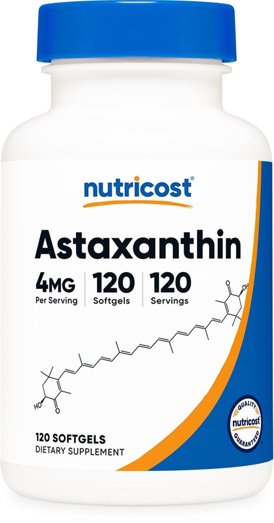 Nutricost Astaxanthin 4mg, Gluten Free and Not-GMO, 120 Softgels (4个月供应量)