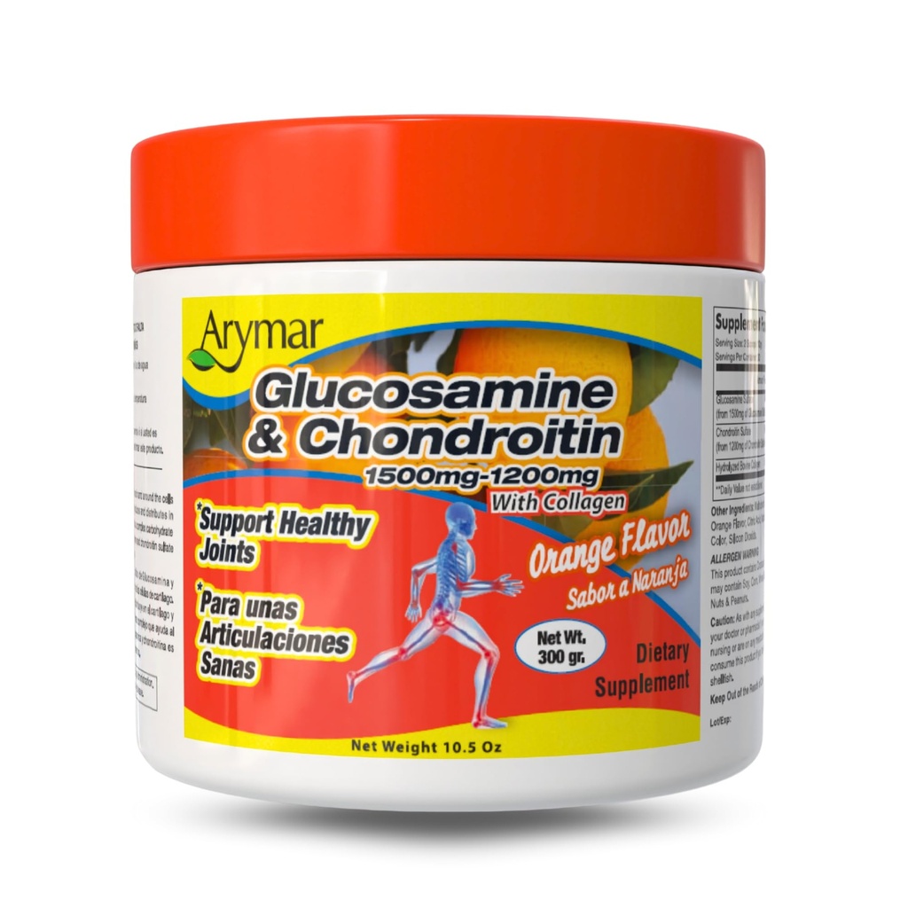 Arymar Glucosamine 1500 mg + Chondroitin 1200 mg 与Collagen – 橙味联合健康粉,300克