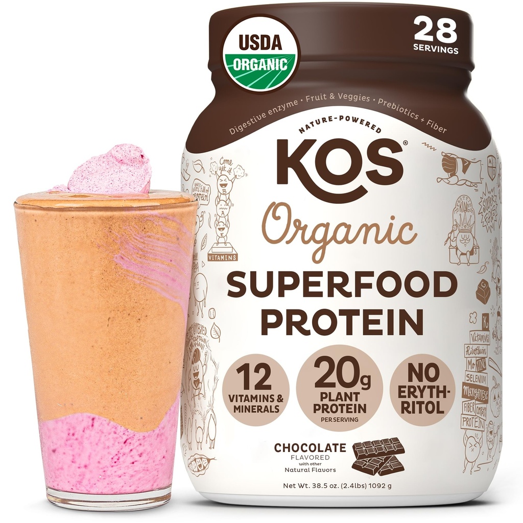 KOS Vegan 蛋白质 蛋白质 Erythritol 免费,巧克力 - 有机 Pea 蛋白质混合剂,维生素和矿物的植物基超食品富含物 - Keto, 乳品免费 - 妇女和男子食品替代品,28种服务