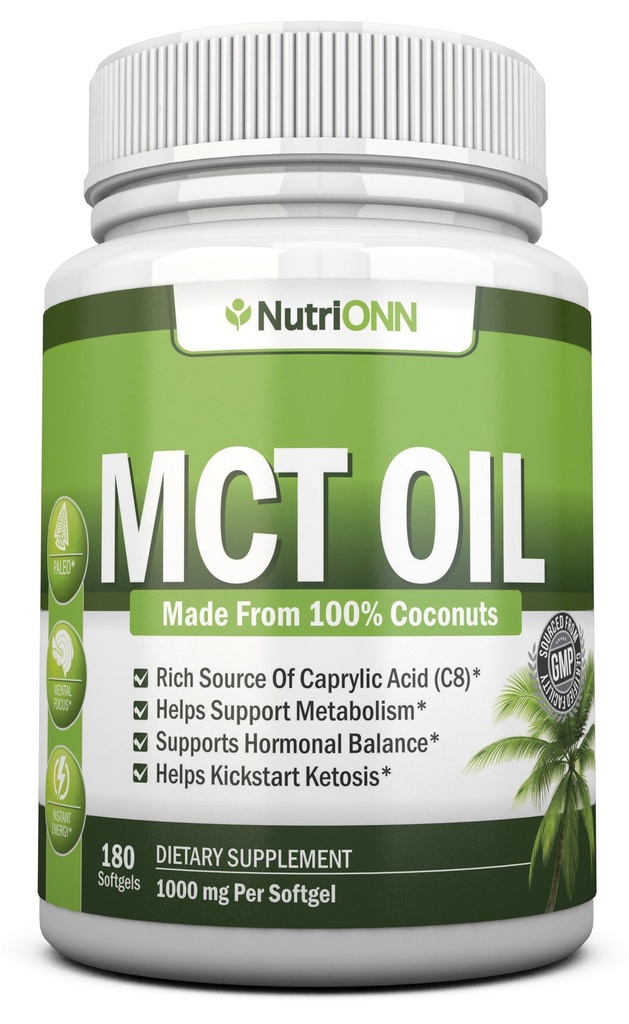 MCT Oil - 3000mg per service - 180 软胶 - 由100%的有机椰子制成 - 非转基因、冷压、Paleo 友好胶囊 - 对焦点和古特健康有好处