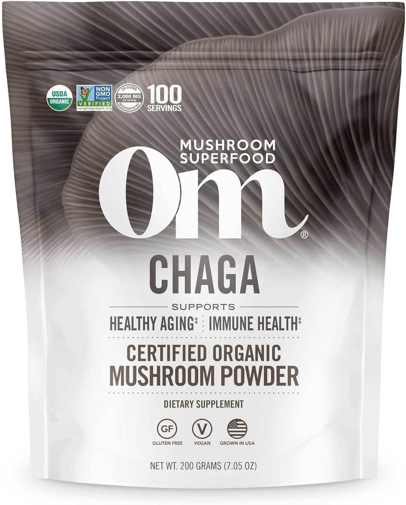 OM MUSHROOM SUPERFOOD Chaga 有机蘑菇粉,7.05 Ounce Pouch, 100 services,美国种植,圣性抗氧化剂和免疫支持,超级食品蘑菇补充品