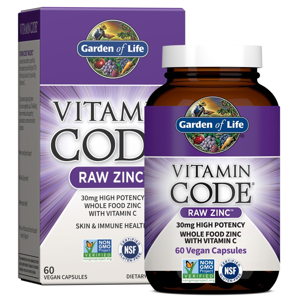 活锌园 30mg 高活性 Raw Zinc 和维生素C 多矿物质补充品 维生素代码 维生素追踪矿物和皮质健康和免疫支持的Probiotures 60 Vegan Capsules