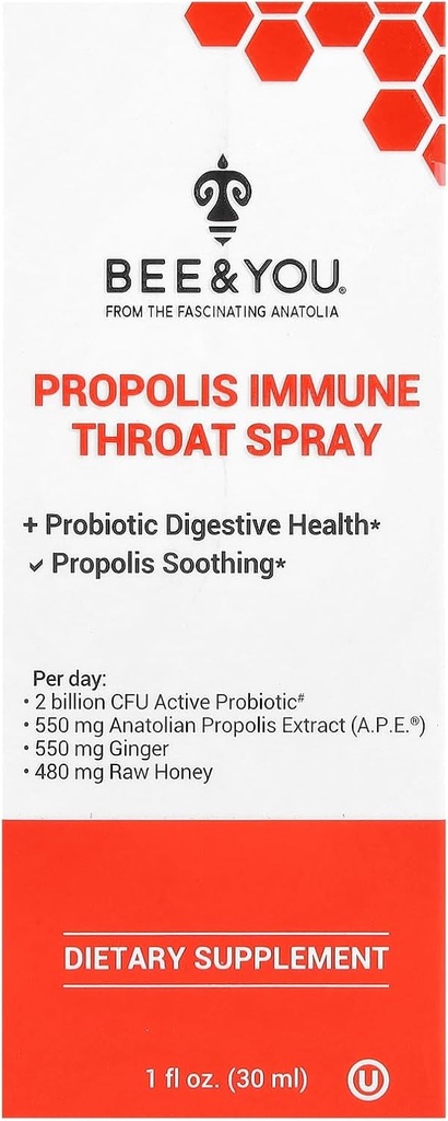 蜜蜂与你 Propolis 和亲生喉咙喷洒姜汁 免疫支持 消化健康 抗氧化剂 Keto, Paleo, Gluten-Free, 1 Fl oz