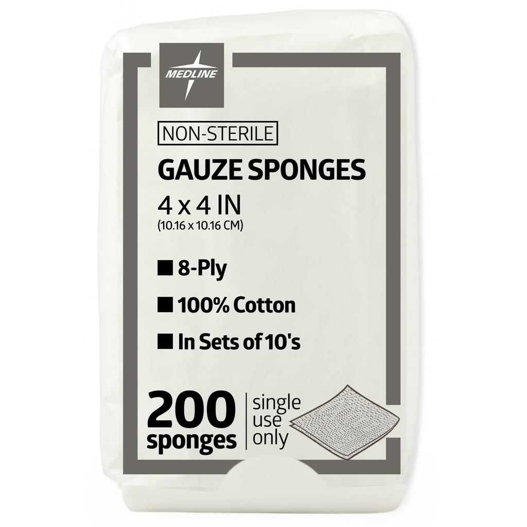 4×4 Inch Gauze Sponges,非固态8-Ply Woven Gauze,100%棉花,穿伤、伤病护理的理想,一般急救使用,200包