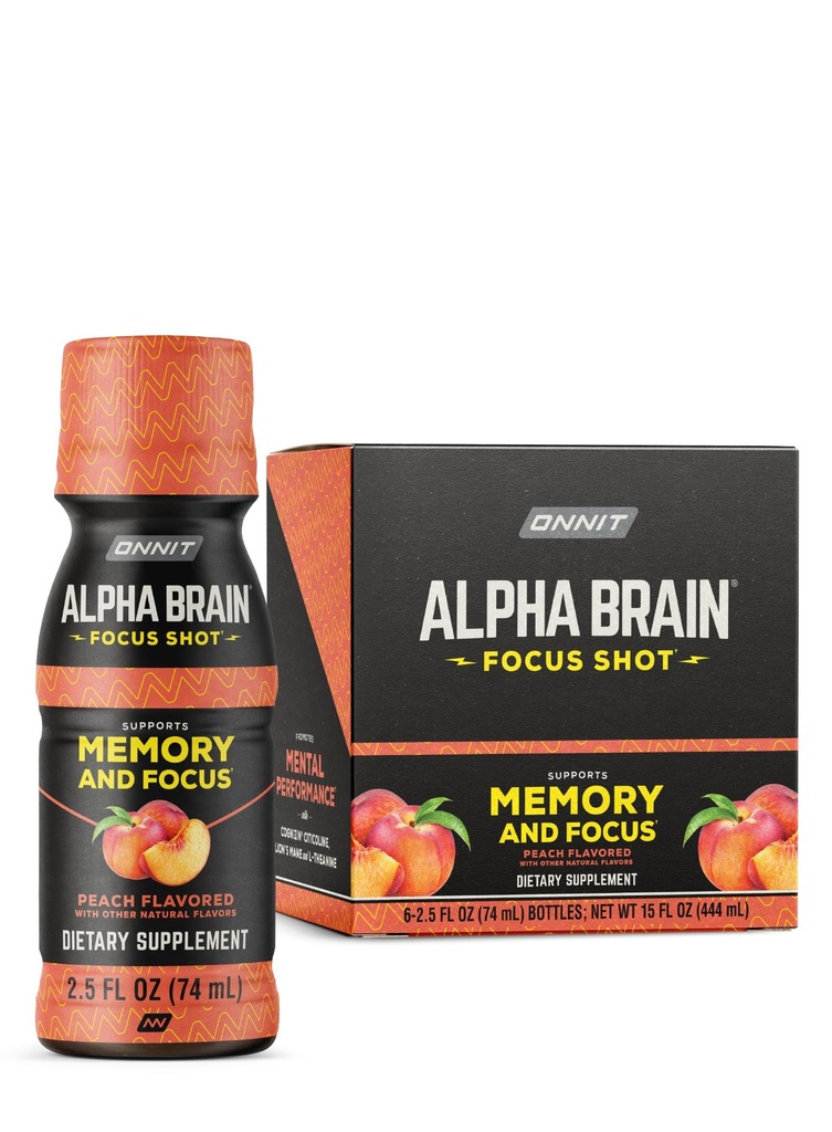 ONNIT Alpha Brain Focus Shot, Peach Flavor, Nootropic 饮食补充饮料支持能量,Focus, and Mood, IGENTM 非GMO Tested, 2.5 fl oz, 6 Count