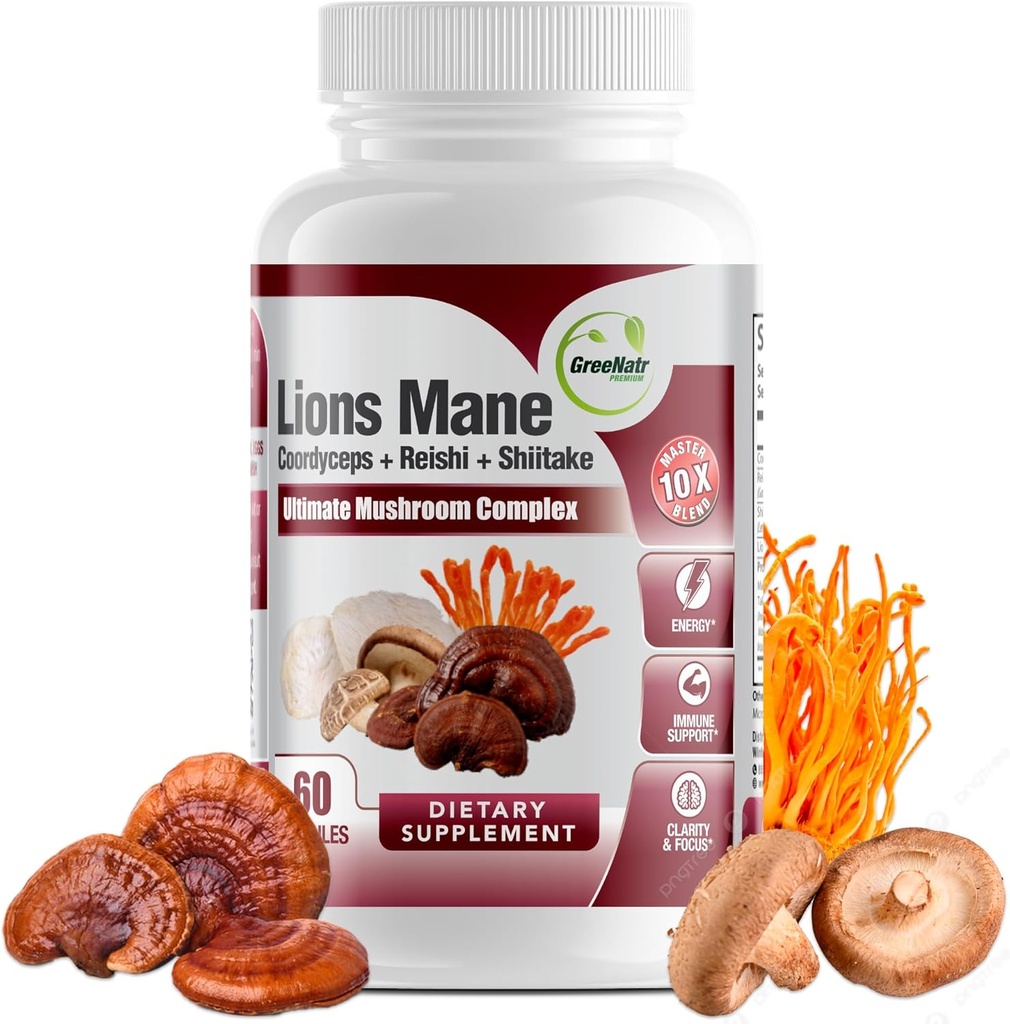 GreeNatr 完整蘑菇补充剂 - 10 in 1 Complex with Lions Mane, Cordyceps, Shiitake, Chaga, Turkey Tail for Imune Support, Memory, Focus & Natural Energy Booster - 60 Capsules (1瓶)
