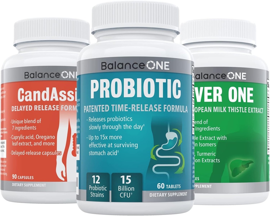 平衡1 2 个月 Kit + Probiotic, Candassist, liver 1 + 15 亿 CFU Probiotic + 天然清洁 与 Caprylic Acid + liver 支持 牛奶硝酸
