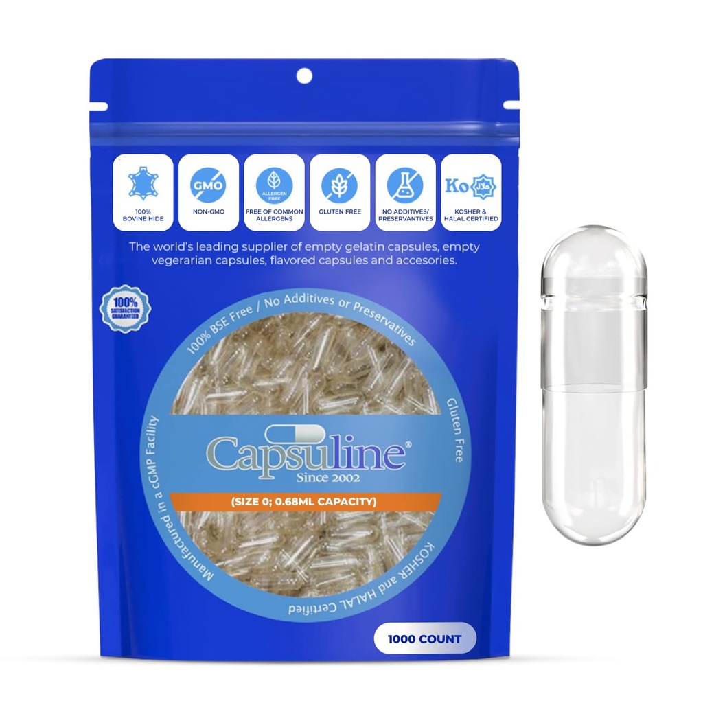 Capsuline Size 0 空 Gelatin Capsules, Clear - 1000 Count QQ Gluten Free, Kosher, 非GMO 认证 QQ 纯波芬药丸 Caps 用于 DIY 补充填充 - 1000