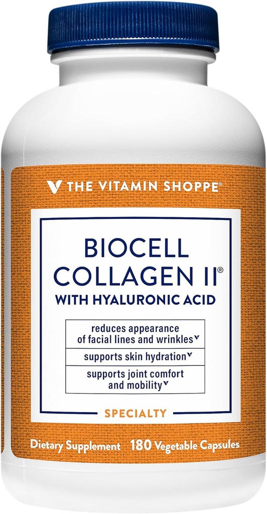 含有Hyaluronic Acid 1000mg的维生素商店生物细胞Collagen II - 促进健康的皮肤,联合体和卡蒂拉基 - 支持水分和弹性 - 用于日常健康(60个蔬菜罐头)