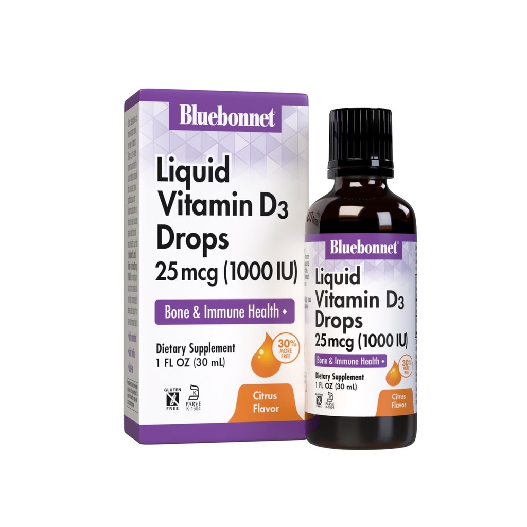 BlueBonnet 维生素 D3 1000 IU 25mcg 强骨和免疫支持补充剂 - 男女液体维生素 - Lanolin VIT D D D drops with MCT Oil - 非GMO - 蔬菜 - Citrus Flavor - 1 Fl Oz