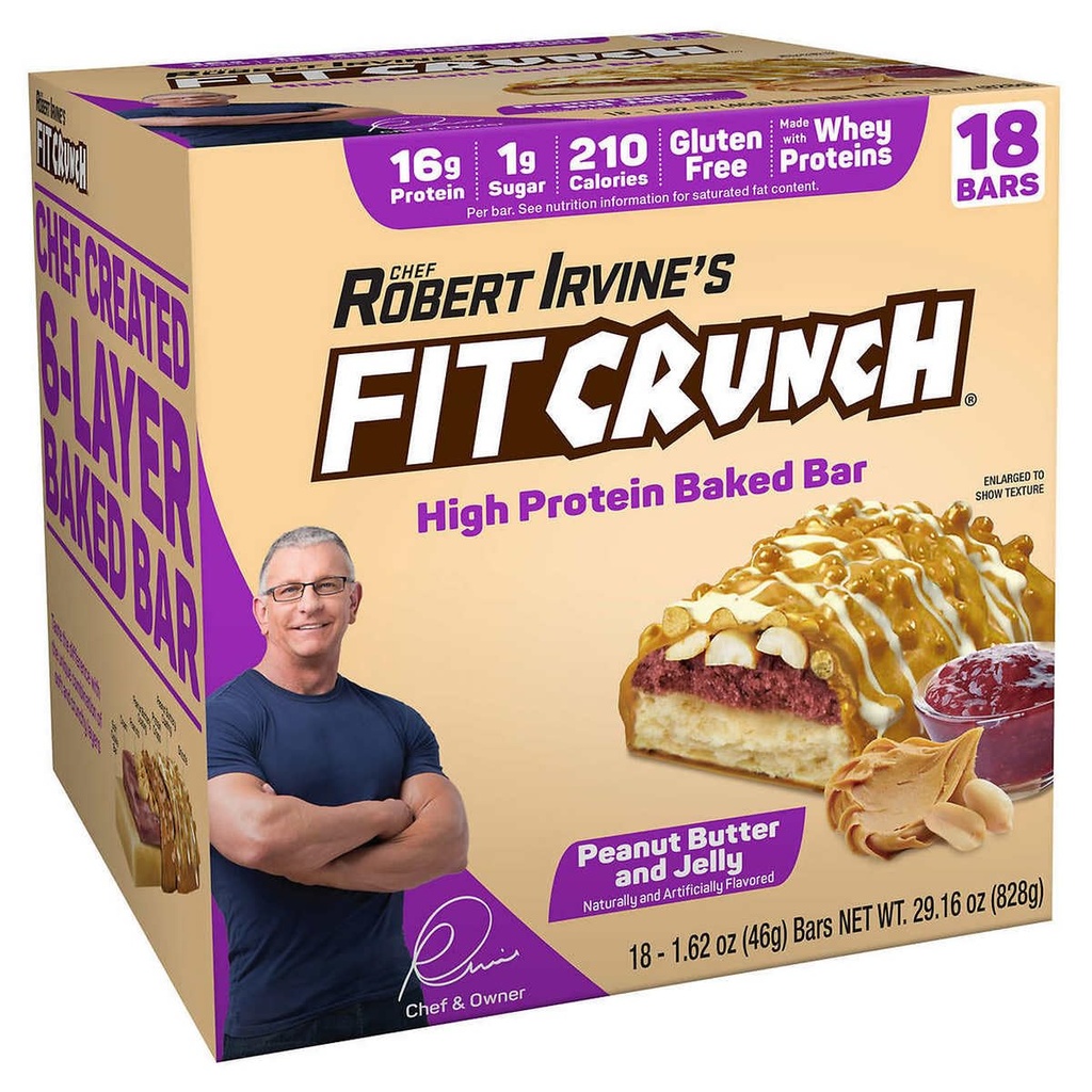 FITCRUNCH Snack大小蛋白棒,6-Layer烤肉棒,1克糖,Gluten Free & Soft Cake Core(18巴,花生酱和Jelly)