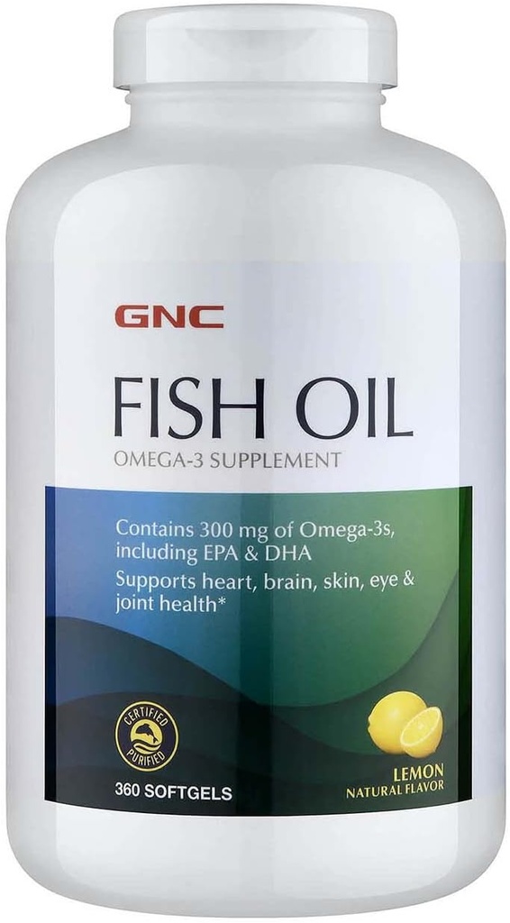 GNC鱼油Omega 3号补编,300mg EPA和DHA,柠檬火焰,支持心,脑,皮肤,眼和联合健康,360软胶,360服务