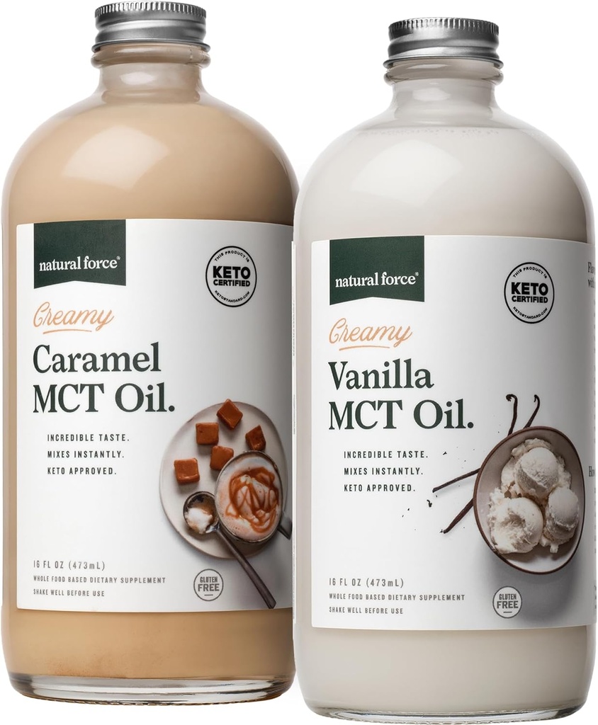 Natural Force Creamy Vanilla + Creamy Caramel MCT Oil Bundle – Gluten-Free,非转基因生物,来自有机椰子的乳化火焰MCT – Keto, Paleo, 和 Vegan 2x 16 Ounce Glass Bottles 等