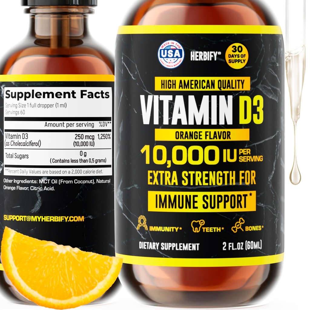 HERBIFY 维生素 D3 1000 IU - 在美国制造的液体维生素 D 滴水 - 骨强力和免疫支持补充 - 阳光替代 - D3 维生素 Bone和牙齿补充 - 2 Oz