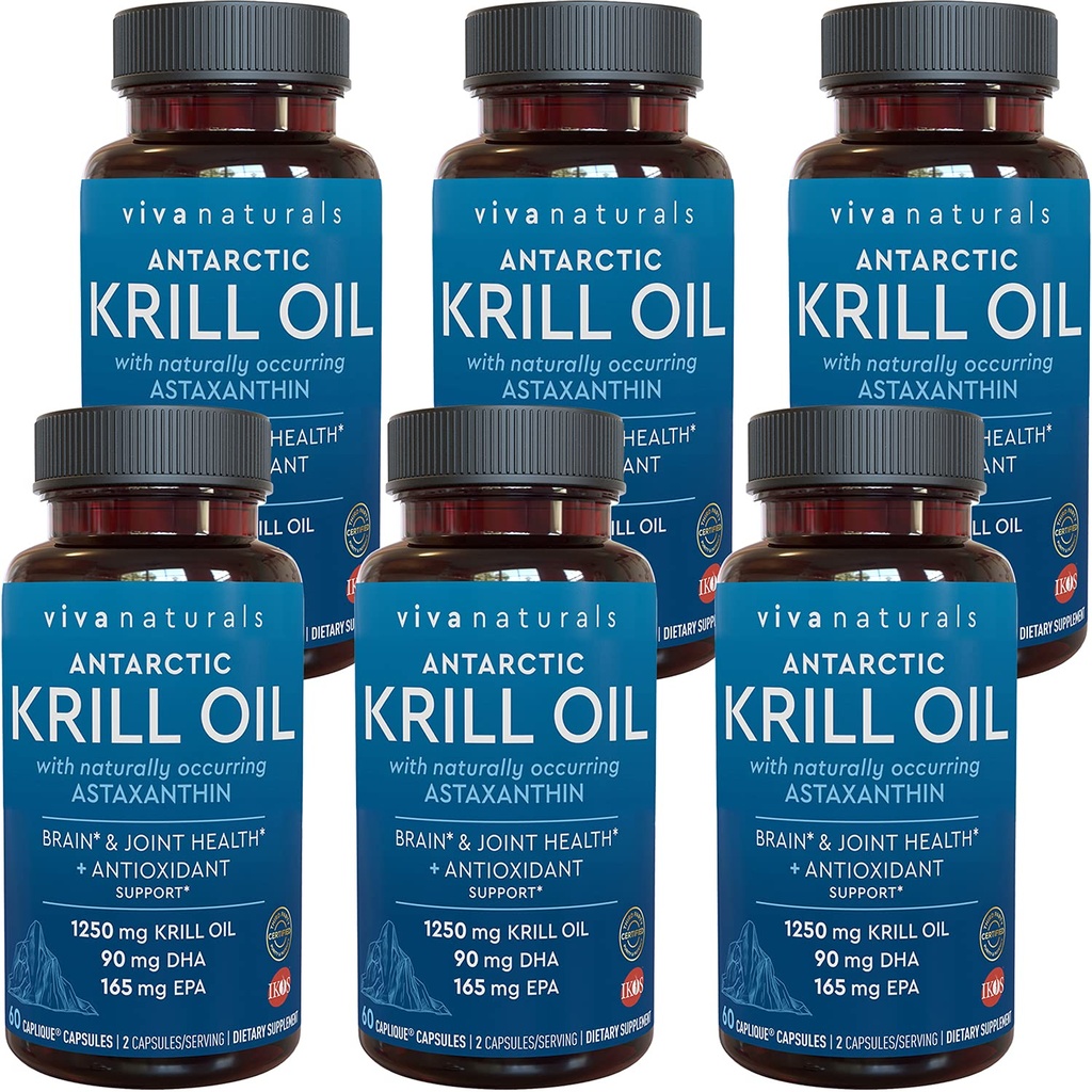 Viva Naturals Antartical Krill Oil 1250 mg, Omega 3 EPA DHA和Astaxanthin, 具有抗氧化剂属性的联合支持和大脑补充,无鱼味余酸(包6)