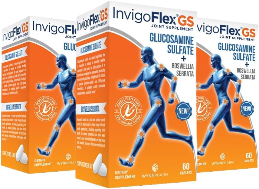 INVIGOFLEX Glucosamine Sulfate(无壳鱼、无钠和蔬菜安全) 非转基因生物、无胶体-与Boswellia Serrata-Premium 联合补充 GS-3 Pack