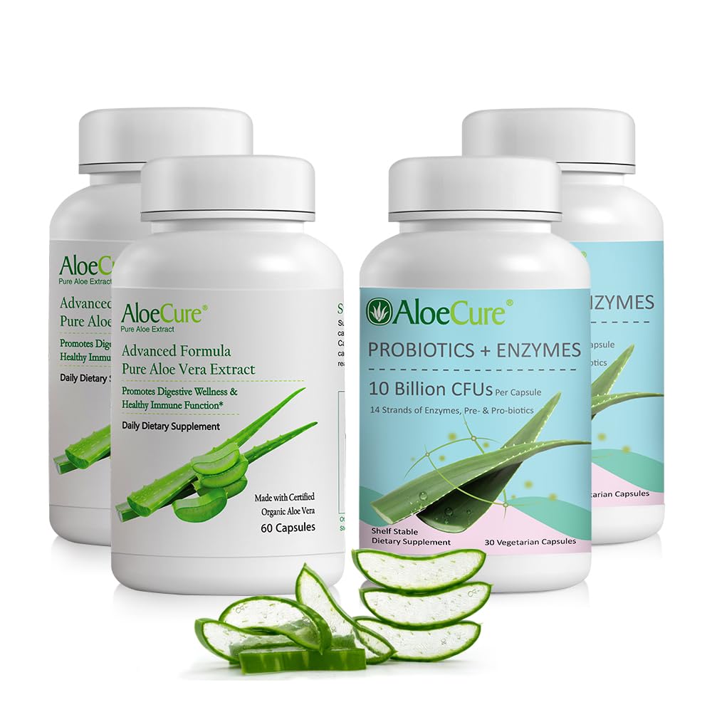 AloeCure 有机Aloe Vera Capsules包装 - 4片 - 2 x Aloe Vera Capsules, 2 x Probiotics + 酶