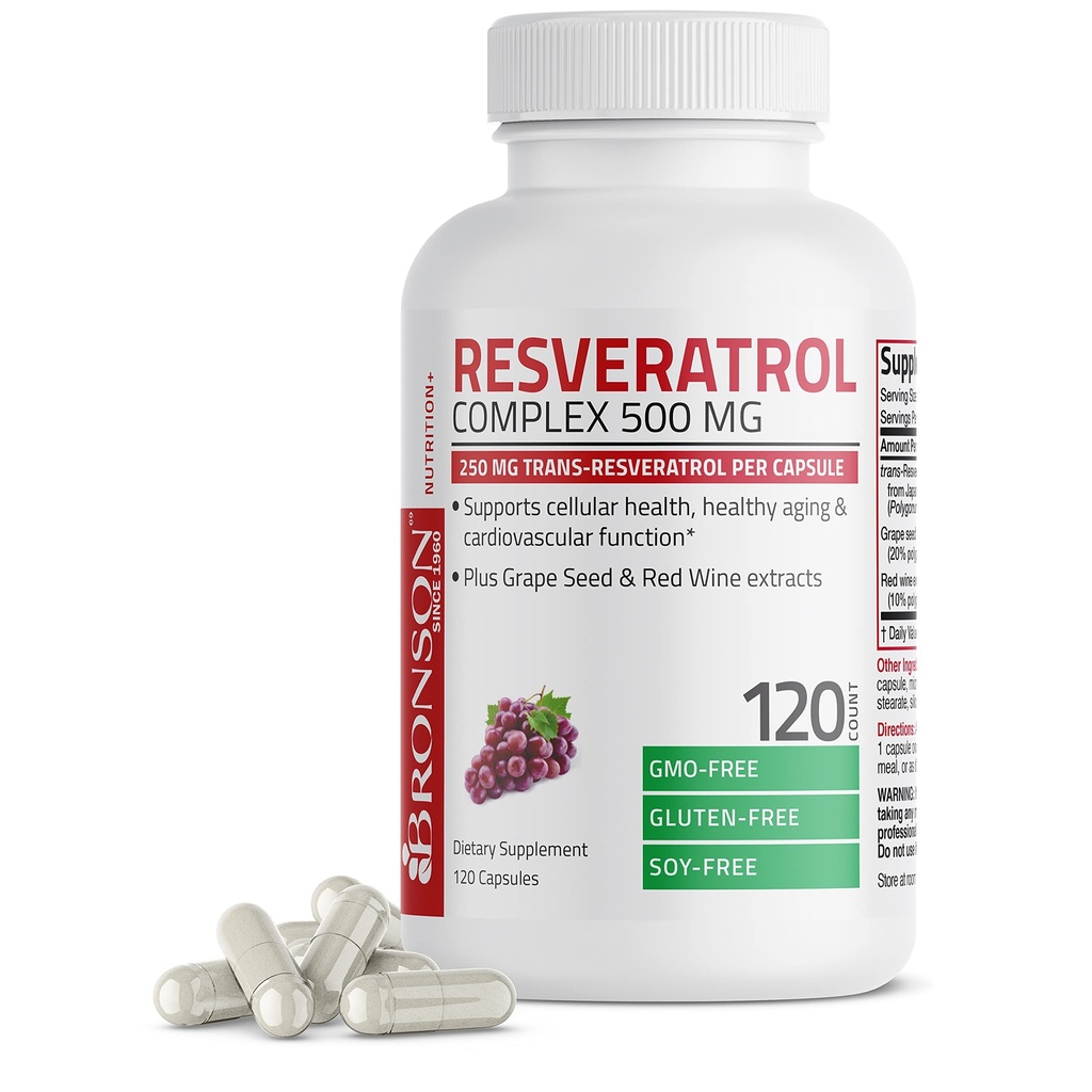 Bronson Resveratrol 500 复合体 标准化跨Resveratrol + 葡萄种子和红酒提取器,120 Capsules