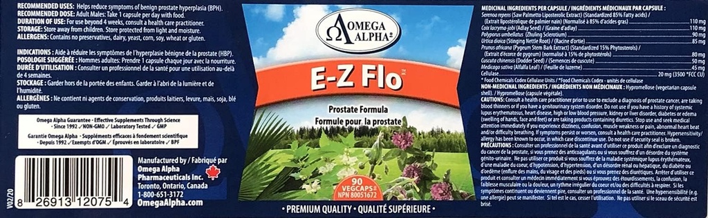 Omega Alpha E-Z FloTM (Saw Palmetto种子提取) - 前置公式 - 90Veg Capsules