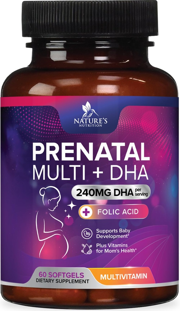 产前维生素含Folic Acid & DHA,胎儿脑发育支持含Folate & Omega 3's, 产前多维生素女性,维生素A, C, D, B6, B12 & Iron, 孕期补充-60软胶